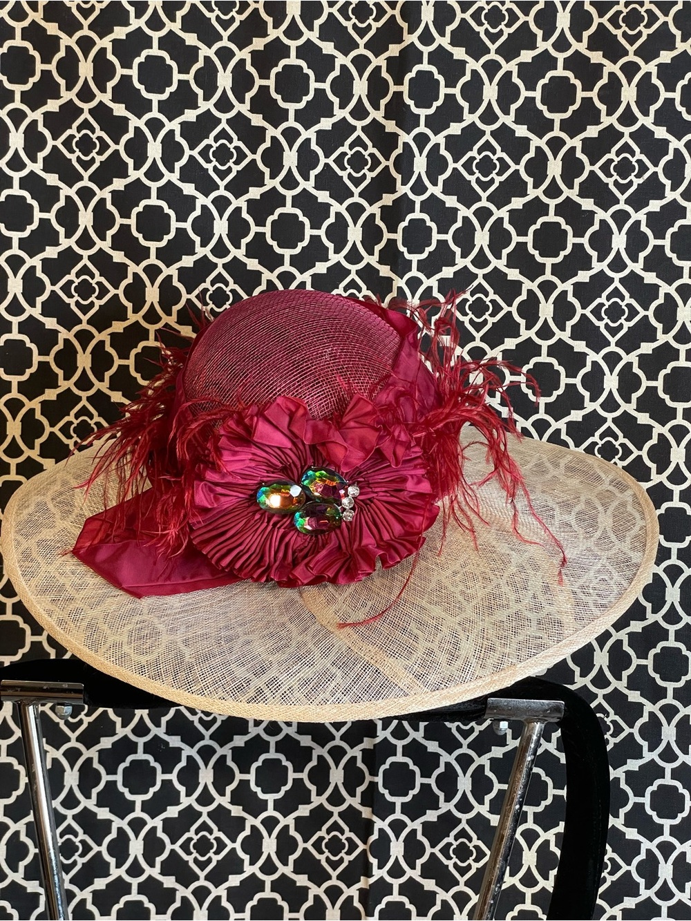 Women's Decorative Wide-Brim Occasion Hat in Deep Magenta